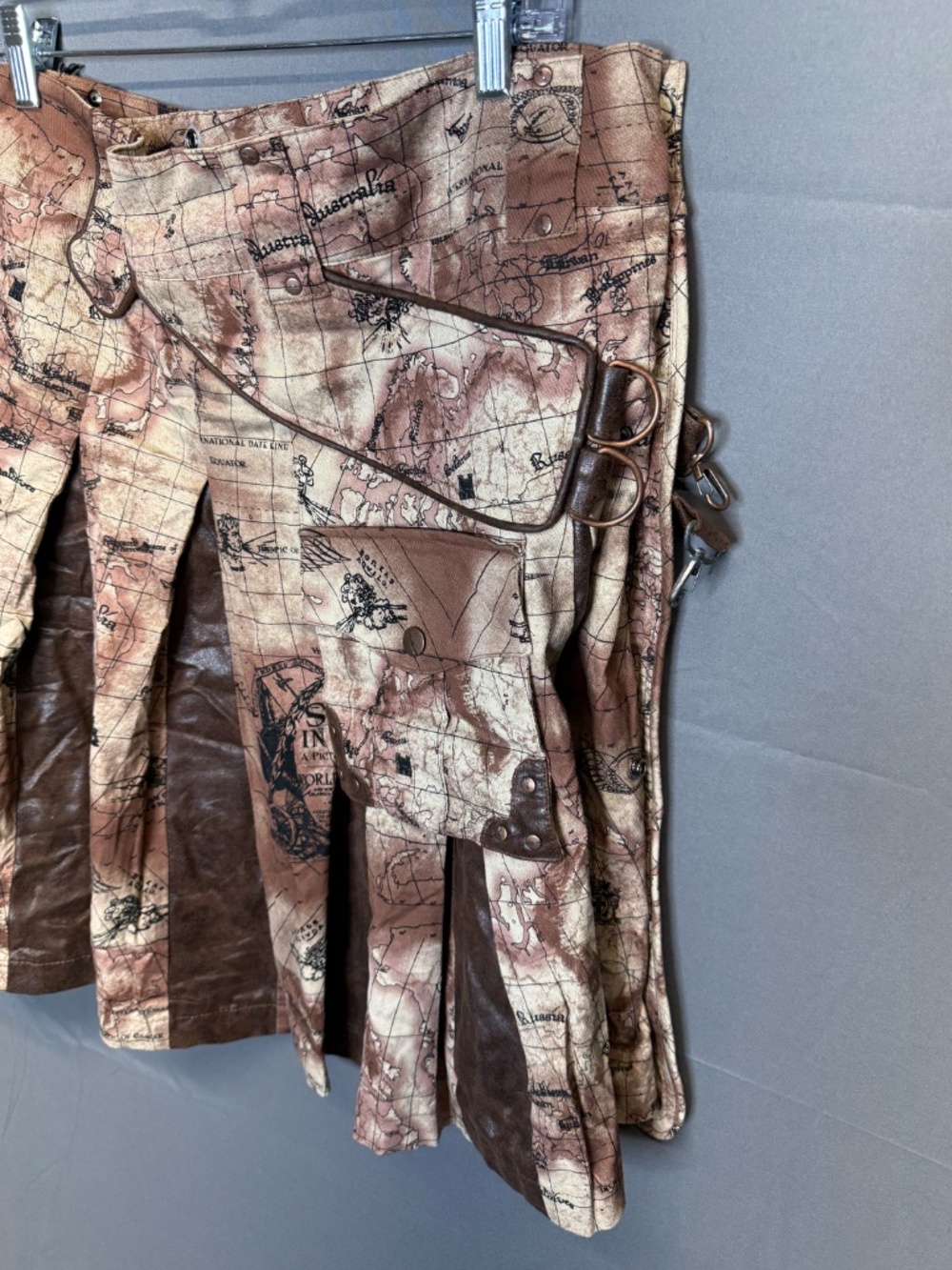 Lip Service Map of the World Pleated Cargo Kilt, Steampunk, Traveler, Goth, Punk - Picture 4 of 11